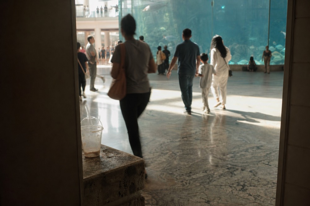 Families walking past aquarium tanks, no text, no logos, no people