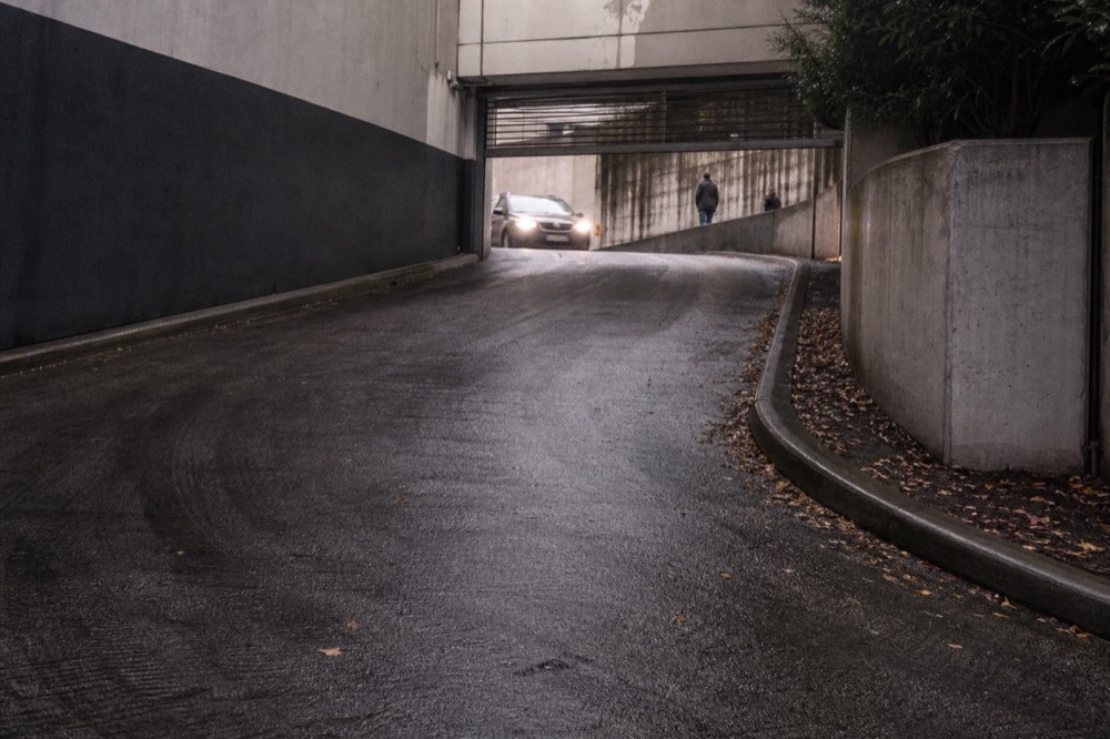 Car park entrance ramp of a city convention centre, no text, no logos, no people