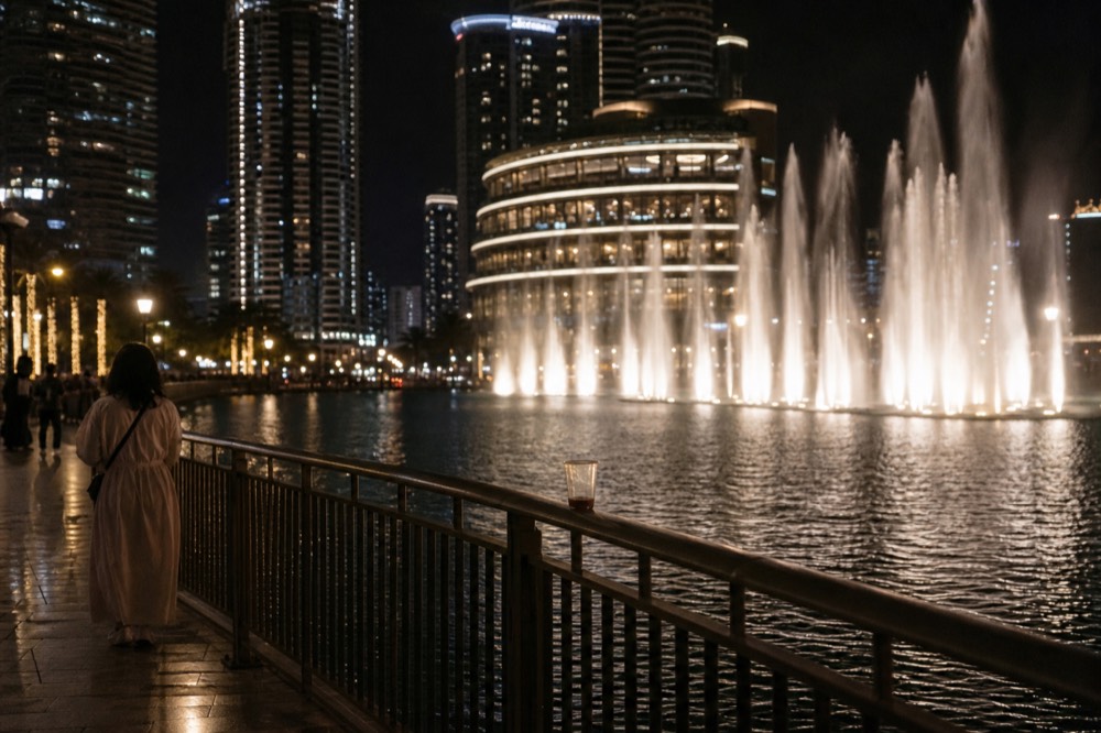Fountain water show in front of illuminated towers at night, no text, no logos, no people