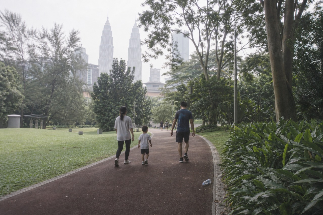 Family walking through a Kuala Lumpur city park with the Petronas Twin Towers behind, no text, no logos, no people