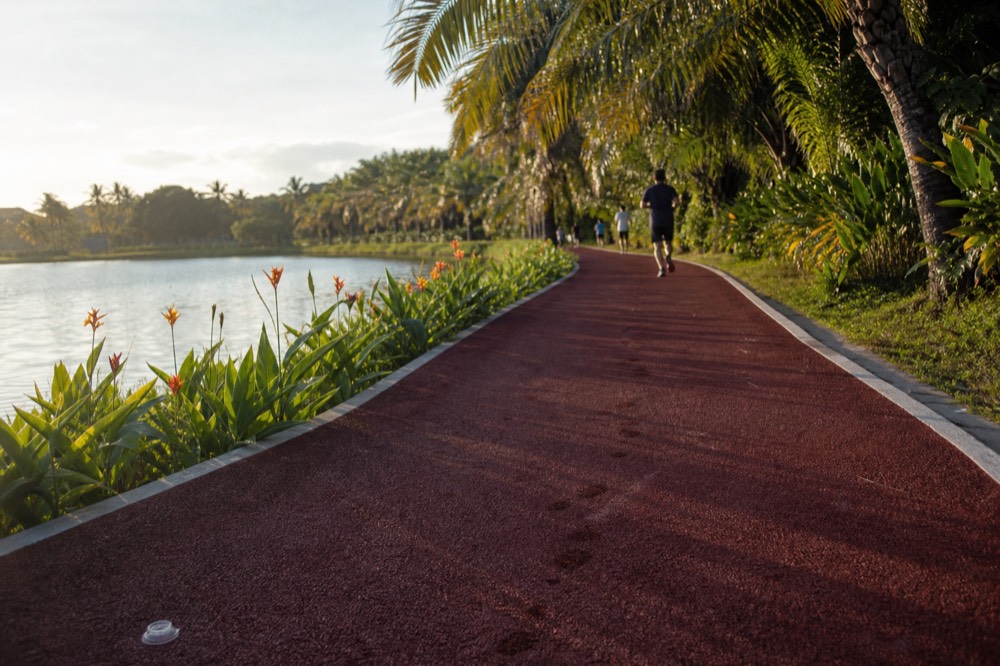 Rubberised jogging track curving around the lake in KLCC Park with tropical planting, no text, no logos, no people