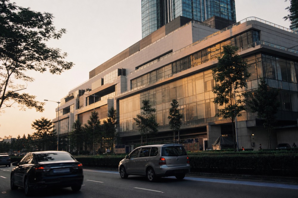 Modern retail building facade with rooftop terrace at dusk, no text, no logos, no people
